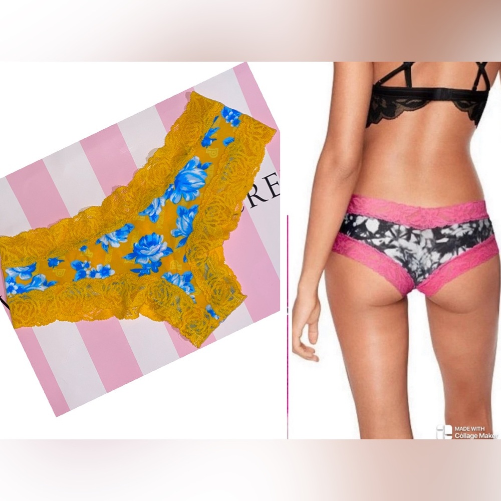 PINK Victoria’s Secret Cotton floral lace Cheekster PINK pink panties yellow